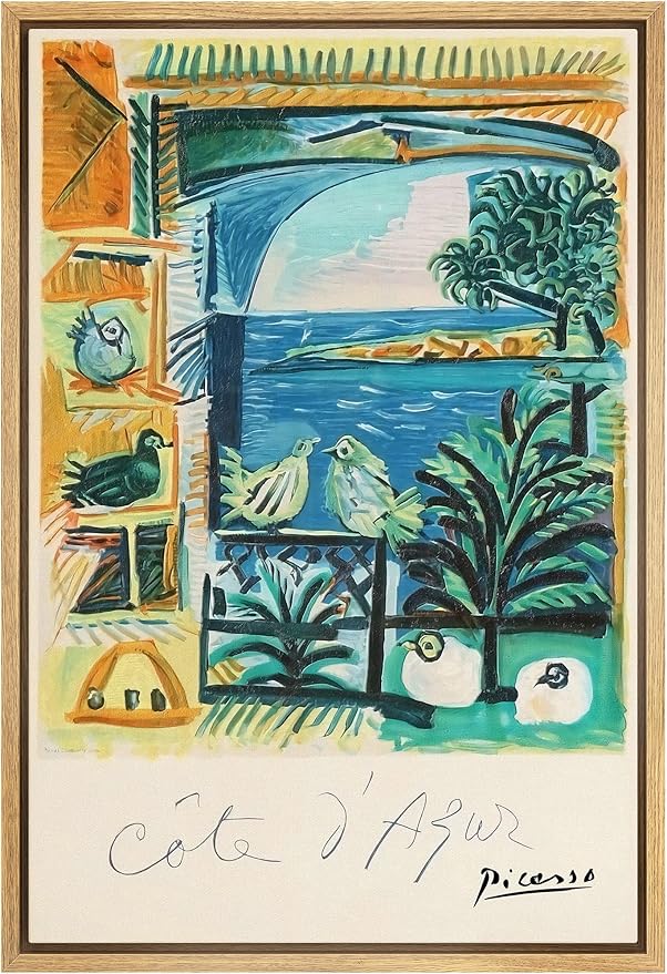 SIGNLEADER Framed Canvas Print Wall Art French Riviera by Pablo Picasso Classic Vintage Illustrations Fine Art Decorative Retro Multicolor Boho for Living Room, Bedroom, Office - 24"x36" Natural