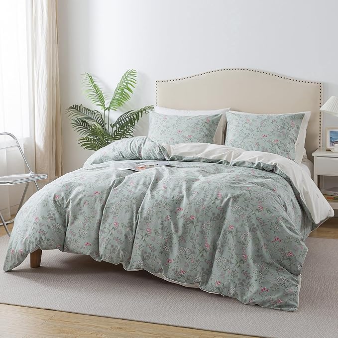HoneiLife Cotton Duvet Cover Queen - Floral Comforter Cover 3-PC, Flower Floral Bedlinen for Set Queen Beds, Wildflower Comforter Cover Sets for All Season Use