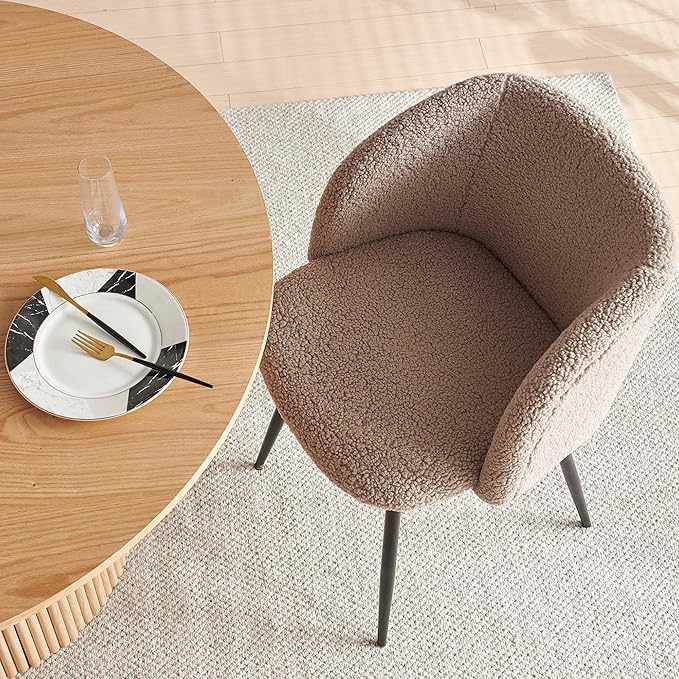 5 Piece Modern Round Dining Table and 4 Brown Barrel Kitchen Chairs Set, 47" Kitchen Coffee Table Wooden with Oak Veneer Tabletop, Faux Fur Sherpa Round Dining Chairs Table Set, Metal Frame