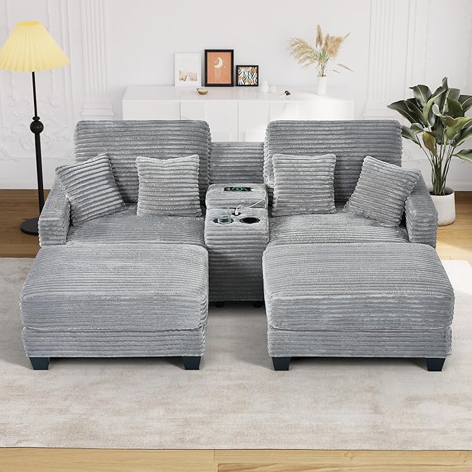 Oversized Chaise Lounge Chair Indoor with Storage & USB, Cup Holder & Ottoman, Firm Solid Wood Frame with Long Service Life Corduroy Oversized Lounge Reading Chair for Large Study Room - Light Grey