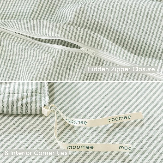 MooMee Striped Duvet Cover Set 100% Washed Cotton Linen Like Textured Breathable Durable Soft Comfy (Sage Green White Pinstripes, Queen 90"x90")