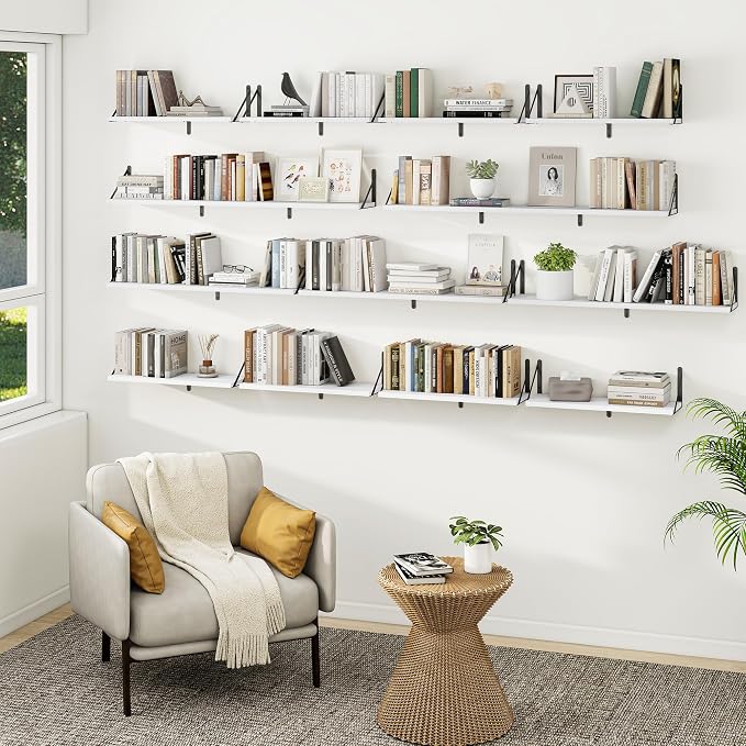 Heimlove Floating Book Shelves for Wall,47.2 Inches Long Wall Mounted Bookshelves,Heavy Duty Bracket Shelves for Living Room Kitchen,Laundry Room Storage & Decor,Set of 3,White