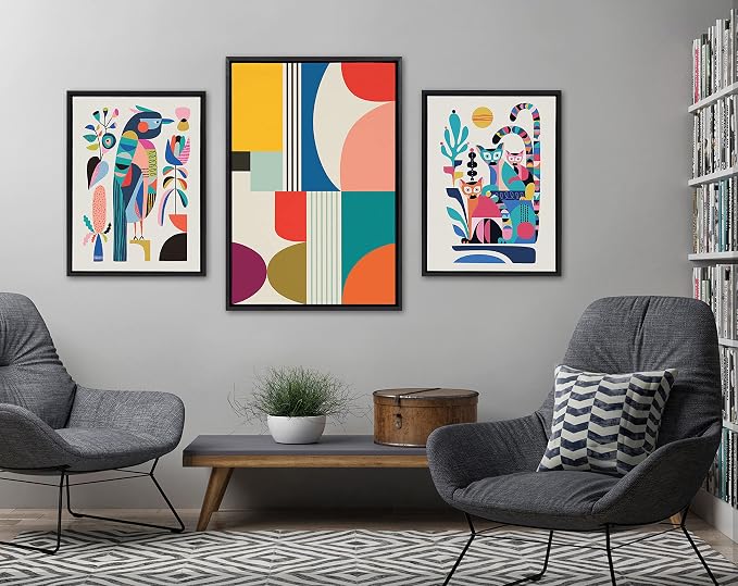 Kate and Laurel Sylvie Mid Century Modern Pattern Framed Canvas Wall Art by Rachel Lee of My Dream Wall; 23x33 Black; Colorful Abstract Art Print for Wall