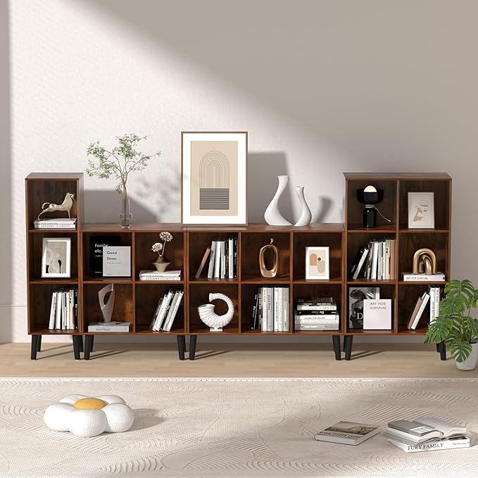 6 Cube Storage Organizer with Legs, 3 Tier Cube Low Bookcase Freestanding Storage Display Organizer for Home Office, Three-Cubes Open Shelf Bookshelf (Retro Brown, 6 Cube Horizontal)