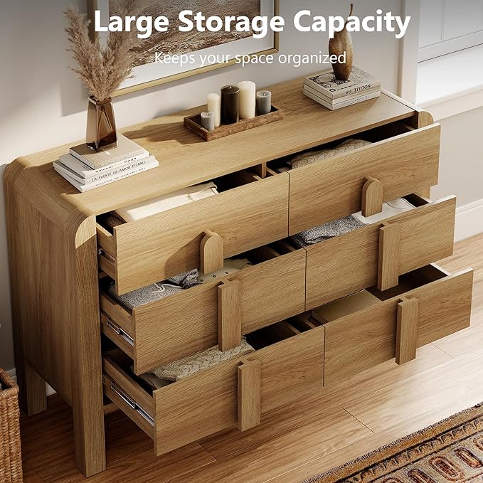 WAMPAT 47.2" W Buffet Cabinet with 6 Drawers, Modern Sideboard Buffet Cabinet with Storage, Buffet Table Coffee Bar Wine Bar Storage Cabinet for Dining Room, Living Room, Hallway, Light Walnut