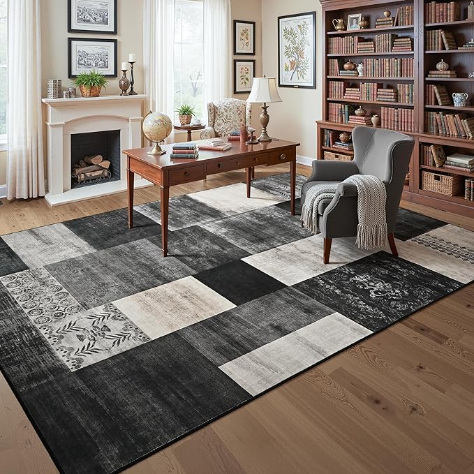 Tepook 5x7 Area Rugs for Living Room, Modern Large Geometric Rug for Bedroom, Washable Patchwork Rug Indoor Non Slip Throw Carpets for Dining Room Office Farmhouse Home Decor, Black and White