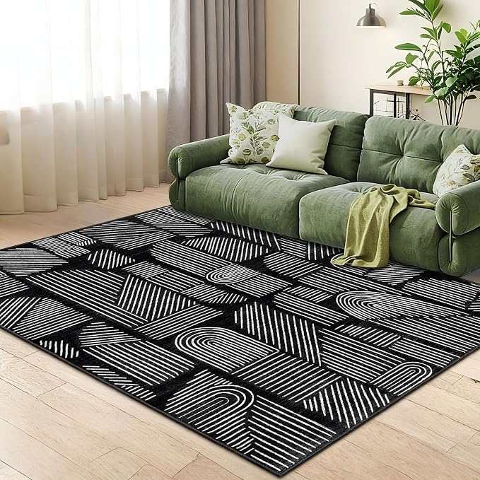 MUJOO 5x7 Washable Area Rug,Mid Century Modern Abstract Non Slip Low Pile Rug,Black and White Rug for Living Room Bedroom Dining Room