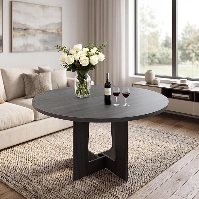 Round Dining Table for 4, 43.3" Kitchen Table for Dining Room, Circle Farmhouse Kitchen Table, Wood Dinner Table for Kitchen, Living Room, Apartment, Grey-Black