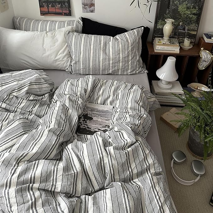 mixinni Vintage Gray & White Striped Duvet Cover Set - 3 Piece 100% Washed Cotton Twin XL Size Bedding | Minimalist Gender-Neutral Design | Ultra-Soft Breathable, with Zipper Closure & Corner Ties