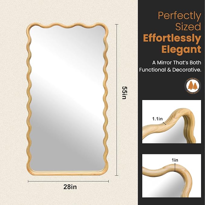 TRAHOME Wavy Mirror for Wall, 55"x28" Boho Wavy Wood Mirror Large Full Length Decorative Mirror with Tempered Glass, Natural Wooden Frame Vanity Mirror for Bedroom, Living Room, Entryway