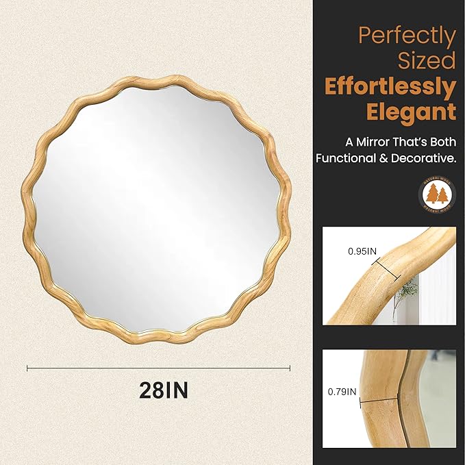 TRAHOME Round Wood Mirrors for Wall, 28" Boho Circle Wavy Mirror with Wooden Frame, Decorative Mirror with Tempered Glass, Natural Wooden Frame Vanity Mirror for Bedroom, Living Room, Entryway