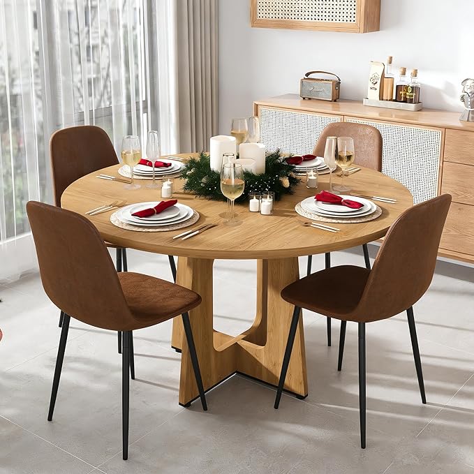 47" Round Dining Table Set for 4, Wood Grain Table and 4 Brown Suede Upholstered Chairs Set, Modern Kitchen Table Set with Cross Legs