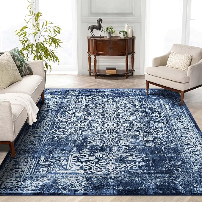 vivorug 3x5 Area Rugs, Stain Resistant Washable Rug for Living Room, Vintage-Inspired (Navy Blue, 3'x5')