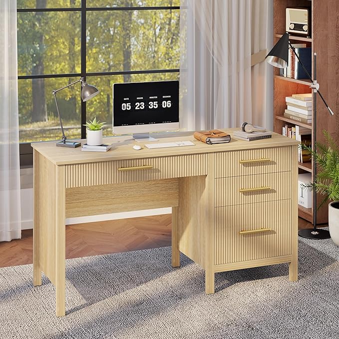 Executive Desk with Drawers: 54" Oak Desk with File Cabinet, Home Office Desks with Storage, Modern Desks with File Drawer, Fluted Wood Computer Table (54")
