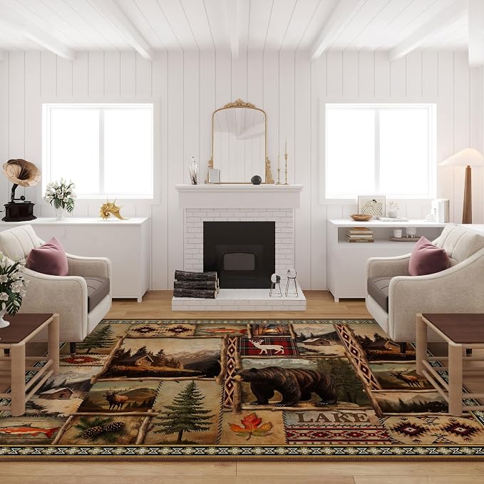 Vintage Moose Bear Cabin Rug for Living Room 8'x10', Rustic Lodge Area Rug for Bedroom Indoor Dining Floor Carpet, Non-Slip Machine Washable Farmhouse Carpet Vintage Living Room Decor
