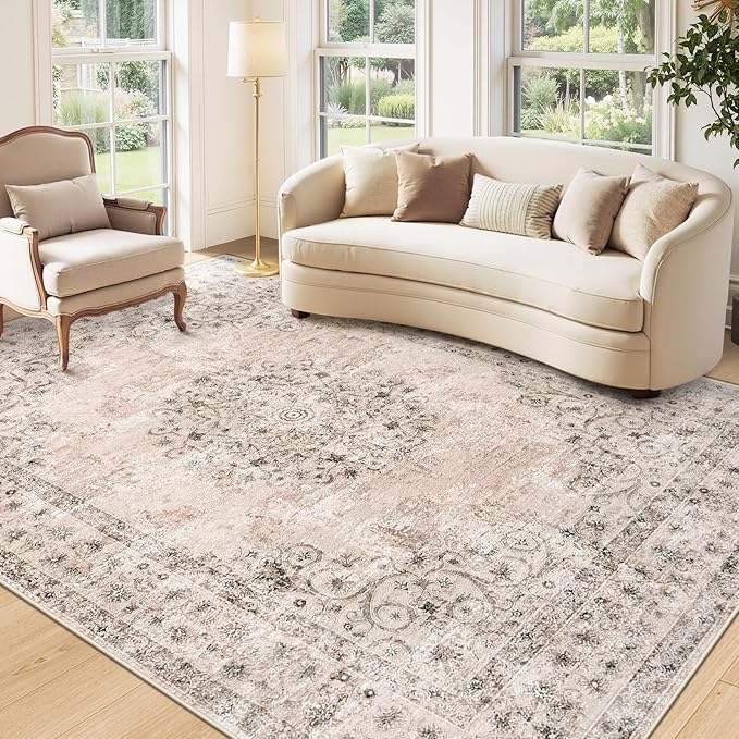 Area Rug 5x7 Vintage Rug: Washable Indoor Medallion Rugs Low Pile Distressed Floor Carpet Retro Accent Rug for Living Room Bedroom Kitchen Dining Table Home Office(Distressed Brown, 5'x7')