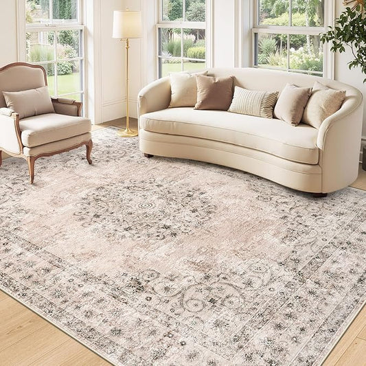 Area Rug 5x7 Vintage Rug: Washable Indoor Medallion Rugs Low Pile Distressed Floor Carpet Retro Accent Rug for Living Room Bedroom Kitchen Dining Table Home Office(Distressed Brown, 5'x7')
