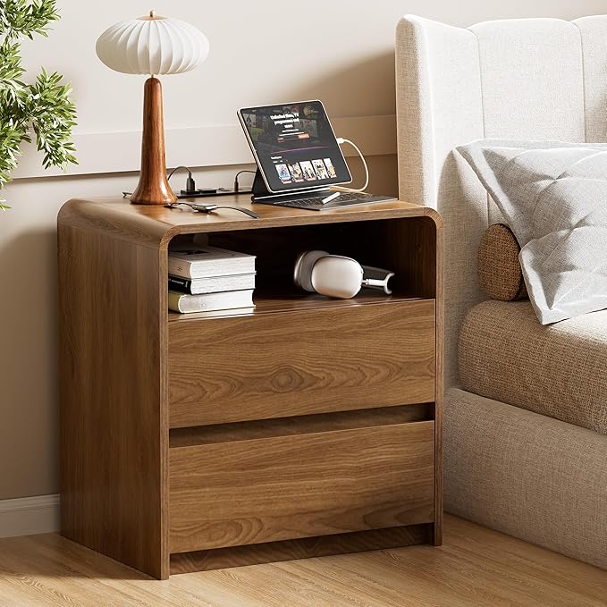 Modern Nightstand Set of 2 23.8" Walnut Nightstands with Hidden Drawers Wood Modern Bedside Table Curved Profile Night Stands for Bedrooms Set of 2