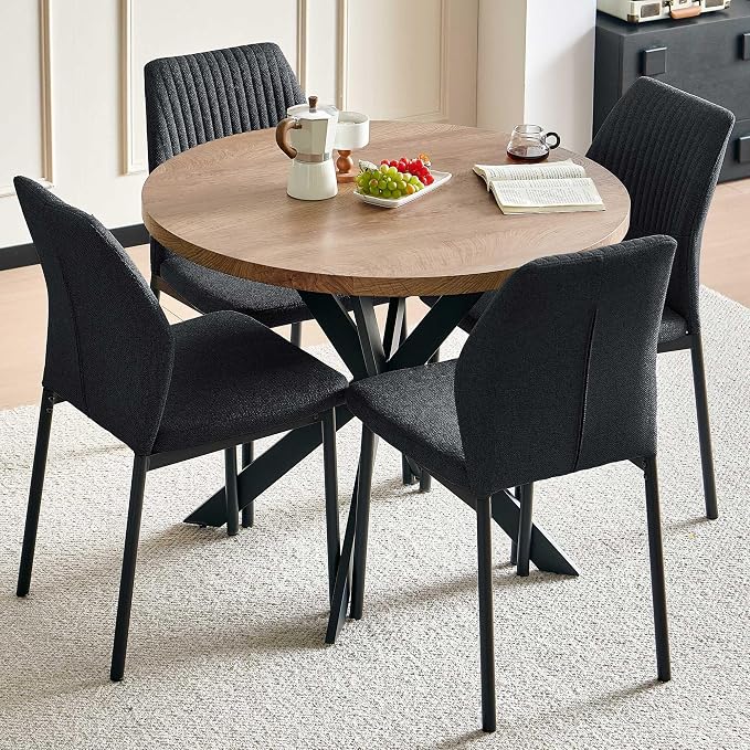 37" Round Dining Table Set for 4, Mid Century Modern Small Coffee Set for Dining Room Kitchen Apartment (Walnut Table + 4 Linen Fabric Black Chairs)