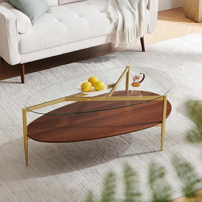 Oval Coffee Table, Mid-Century Modern Design, Clear Glass Top and Walnut Finish Wood Shelf, Conical Metal Legs with Gold Finish | L43*W21*H17 inch, Fit for Living Room