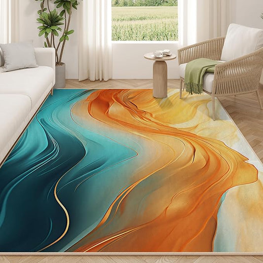 Orange Teal Area Rug for Living Room 8'x10', Turquoise Marble Decorative Washable Rug Non Slip Indoor Dining Floor Carpet for Bedroom Office, Teal Gold Living Room Decor
