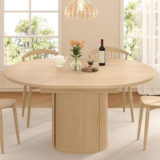 DHH 47"-63" Extendable Round Dining Table for 4–8 with Storage, Mid Century Modern Farmhouse Wood Oval Dinner Table with Pedestal Base for Kitchen, Living Room (Natural Wood)