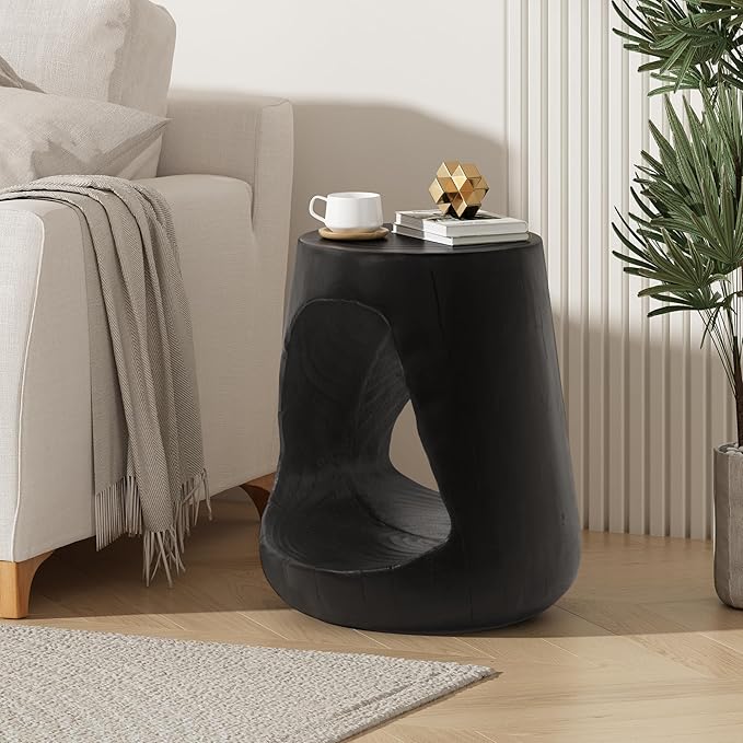 ø14.5'' Side Table End Table for Living Room, Modern Retro Farmhouse Countryside Style, Magnesium Oxide Material for Indoor & Outdoor, No Assembly, Wood Grain, Black