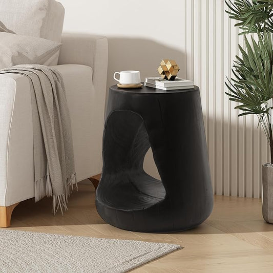 ø14.5'' Side Table End Table for Living Room, Modern Retro Farmhouse Countryside Style, Magnesium Oxide Material for Indoor & Outdoor, No Assembly, Wood Grain, Black