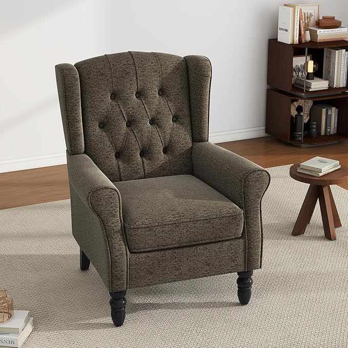 High Back Accent Chair, Fabric Upholstered Armchair Wingback Chair for Living Room, Comfy Single Sofa Bedroom Reading Seat with Solid Wood Legs - Taupe