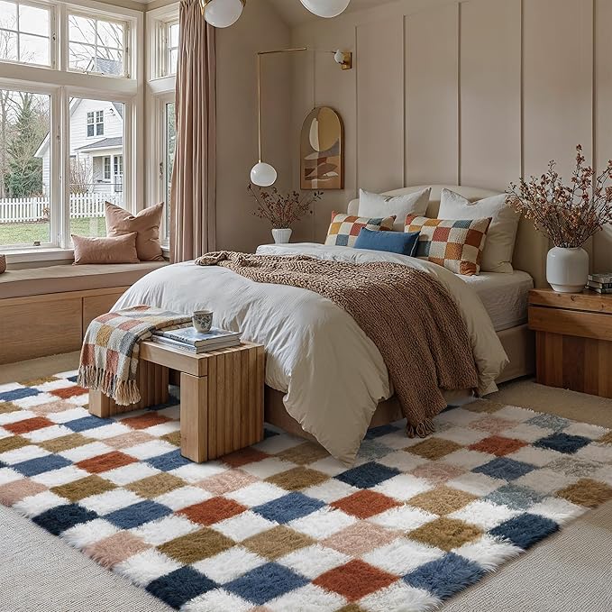 Checkered Rug 8x10 for Living Room, Modern Rainbow Shag Rug Washable Non-Slip Large Area Rug Super Soft Indoor Fuzzy Carpet Fluffy Rugs for Bedroom Home Aesthetic Decor