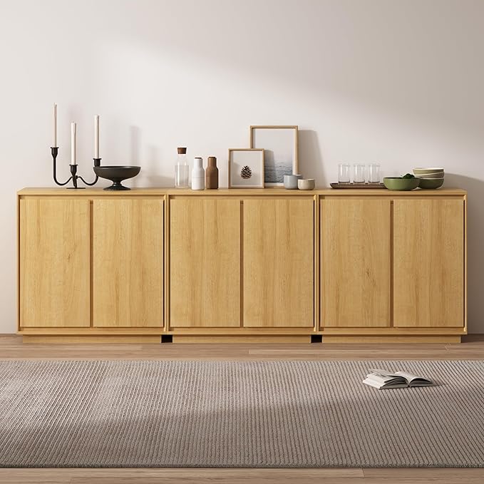 3pcs Sideboard Cabinet Buffet Cabinet with Storage with Adjustable Shelves and Handle-Free Design Suitable for Kitchens,Hallway,and Living Rooms Natural Oak