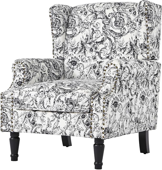 High Back Accent Chairs Set of 2, Fabric Upholstered Armchair Floral Wingback Chair for Living Room, Comfy Single Sofa Solid Wood Legs Bedroom Reading Seat - Rococo Black