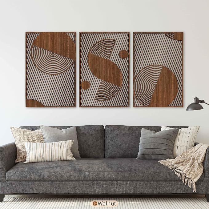 Mid Century Modern Wood Wall Art, Extra Large Geometric Boho Wooden Decor, Abstract Diagonal Circle Panels, Designer Housewarming Gift for Living Room and Bedroom