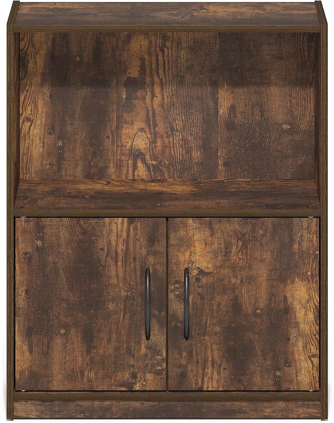 Furinno Gruen Book Shelf, 2-Tier Small Bookshelf, Bookcase with Open Shelf and Doors Storage Cabinet, 9.3 x 21.8 x 27, for Organization and Storage, for Living Room, Bedroom, Home Office, Amber Pine