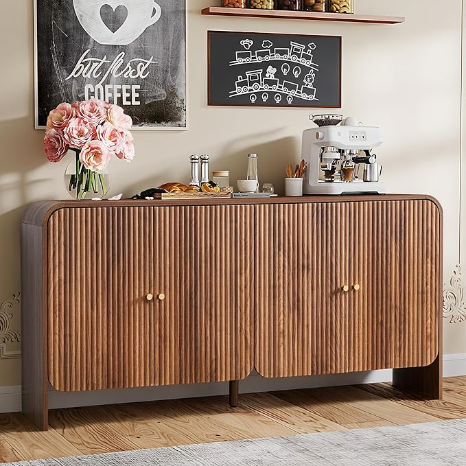 59” Large Buffets Sideboard Cabinet with Storage, Fluted Curved Credenza Buffet Table Storage Cabinet with 4 Doors, Modern Wood Accent Console Table Coffee Bar for Living Room Kitchen Hallway, Walnut
