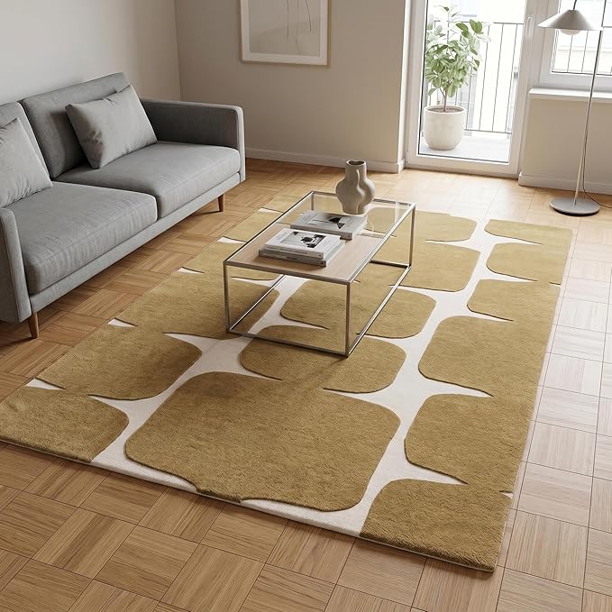 Restoration and Renovation Modern Wool Area Rug - Contemporary Abstract Geometric Design, Thick & Soft Hand-Tufted Carpet - Ideal for Indoor Decor in Living Room, Bedroom (Gold, 6' x 9')