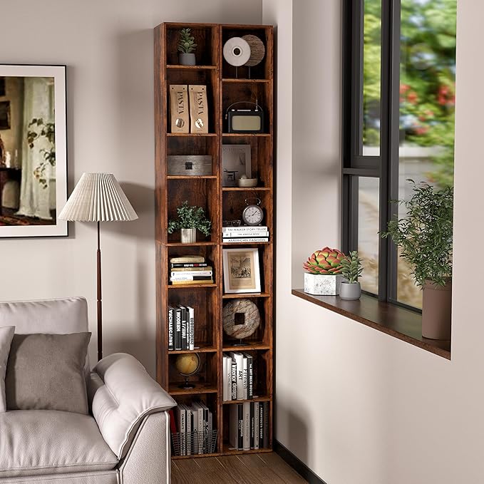 8-Cube Storage Organizer Bookcase, White, Tall Narrow Bookshelf for Home Office (Retro Brown)