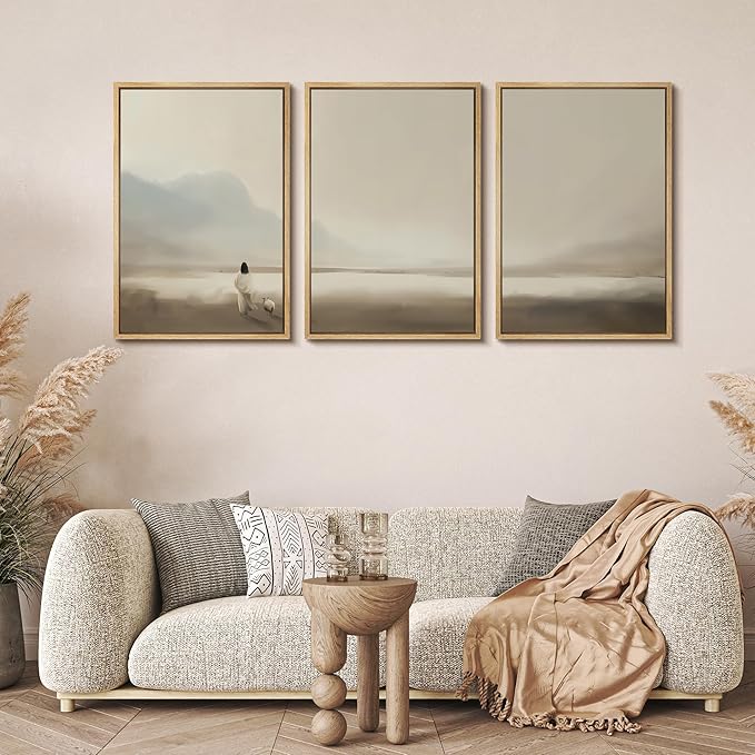 MUDECOR Framed Wall Art Print Set Serene Coastal Landscape Minimalist Illustrations Modern Art Boho Decorative Colorful Chic for Living Room, Bedroom, Office - 16"x24"x3 Natural