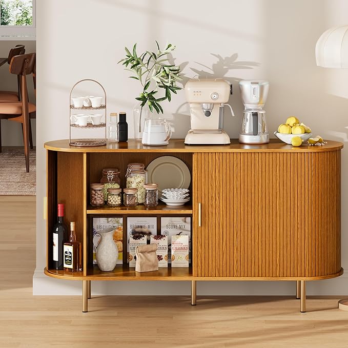 DHH Sideboard Buffet Cabinet with Storage,Mid Century Modern Fluted Accent Coffee Bar Console Table,Tambour Sliding Doors& Adjustable Shelf for Kitchen, Living Room, Entryway(Yellow Walnut 55 Inch)