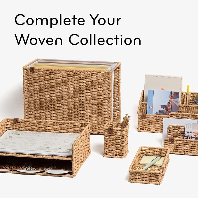 U Brands Woven All-in-1 Desk Organizer, Rattan-Inspired Wicker Style Office Organization Supplies, 1 Count, Brown