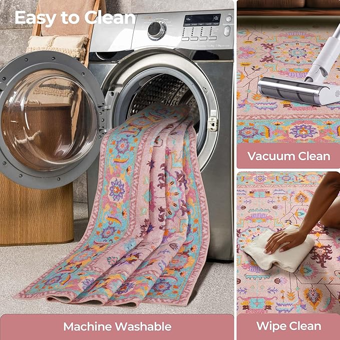Pink Living Room Area Rug Washable 5x7 Non Slip Low Pile Oushak Vintage Oushak Stain Resistant Soft Oriental Carpet for Bedroom, Dining Room, Kitchen, Leisure Room, Nova Peony