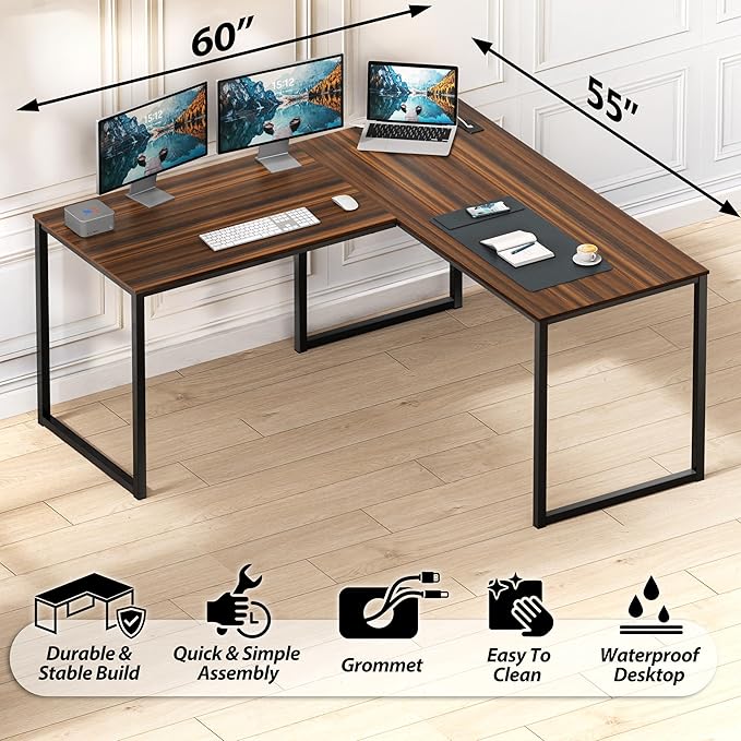 SHW Mission 55 x 60 Inches L-Shape Home Office Computer Desk, Walnut