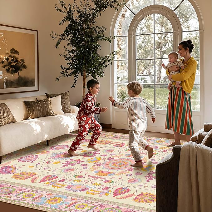 Kokia 8x10 Area Rugs Living Room Washable Non Slip Low Pile Vintage Ivory Pink Stain Resistant Soft Large Oriental Rugs for Bedroom, Dining Room, Kitchen, Indoor Leisure Rooms, Nova Vanillaa