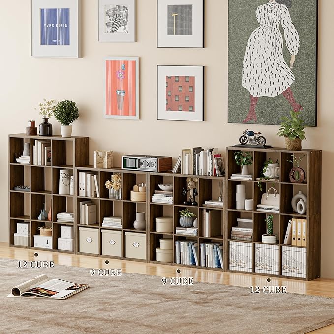 VDNEND Cube Storage Organizer Bookcase, Decorative 11 inch Open Back Cubical Shelf with Thickened Border, Display Bookshelf for Living Room, Home Office, Sturdy Room (Brown, 9 Cube)