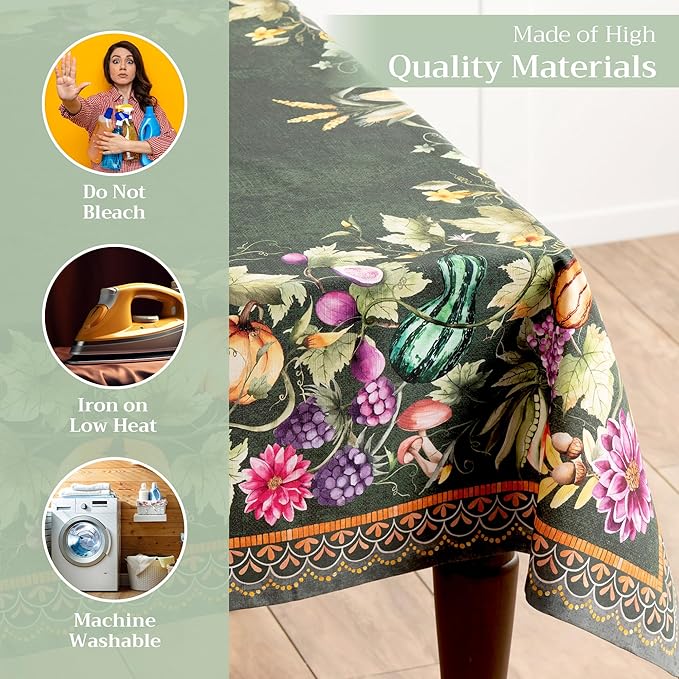 Maison d' Hermine Table Cloth Rectangle Table 100% Cotton 54 x 72 Inches Fall Tablecloth Reusable Everyday Use for Thanksgiving Christmas Decorations Dining Farmhouse (Pumpkin Garden - Dark Green)