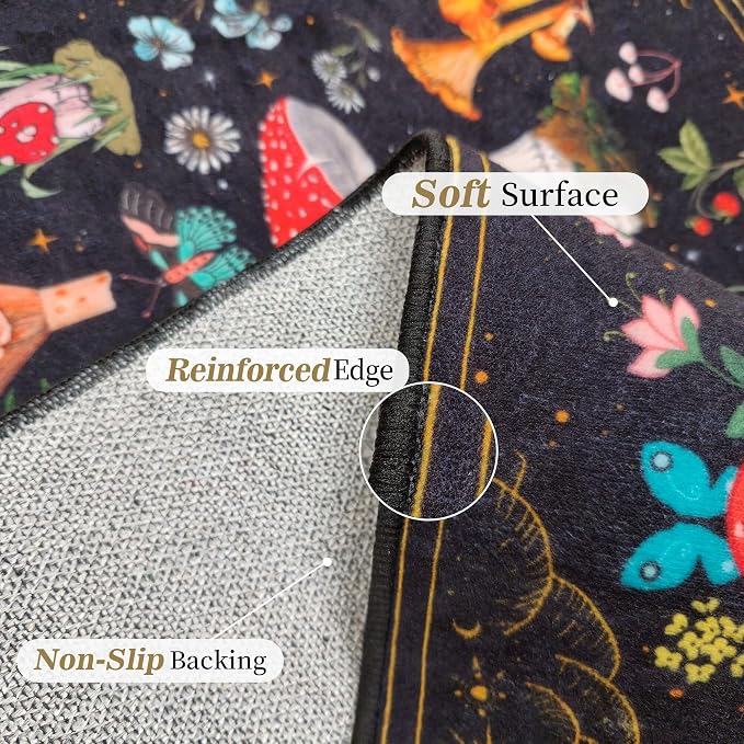 Mushroom Runner Rug for Hallways, Black Kitchen Runner Rug Non Slip 2'x 6', Washable Runner Rugs with Rubber Backing, Soft Witchy Carpet Runner for Hallways Kitchen Laundry Bedroom Bathroom