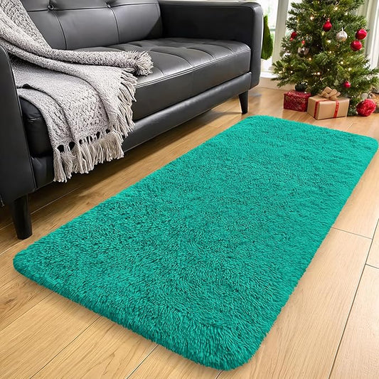 OLANLY 2x4 Machine Washable Runner Rugs for Hallway, Soft Fluffy Shaggy Bedside Rugs for Bedroom, Living Room, Indoor Floor Carpet for Kids Girls and Boys, Home Decor Aesthetic, Teal Green