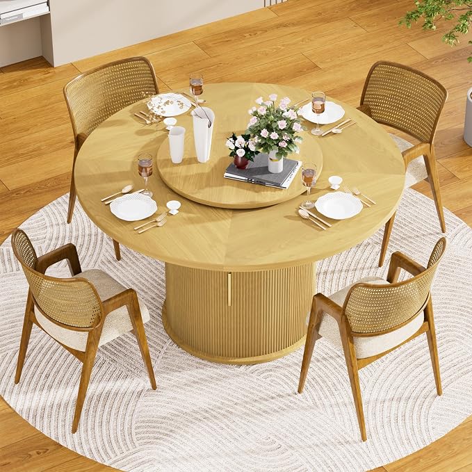 KEIKI 55" Round Dining Table for 4-6, Mid Century Modern Kitchen Table with Storage & Rotating Tabletop Tray, Wood Corner Dinner Desk for Living Room Breakfast Nook Restaurant, Easy Assembly, Natural