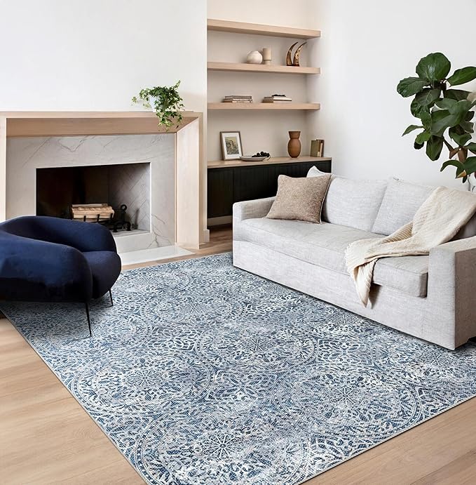 vivorug 8x10 Area Rugs for Living Room, Non-Slip Backing Washable Blue Rug 8x10, Large Area Rug Soft Carpet for Bedroom Dining Room, Vintage, Easy Clean, Durable, Low Pile Rug Under Table