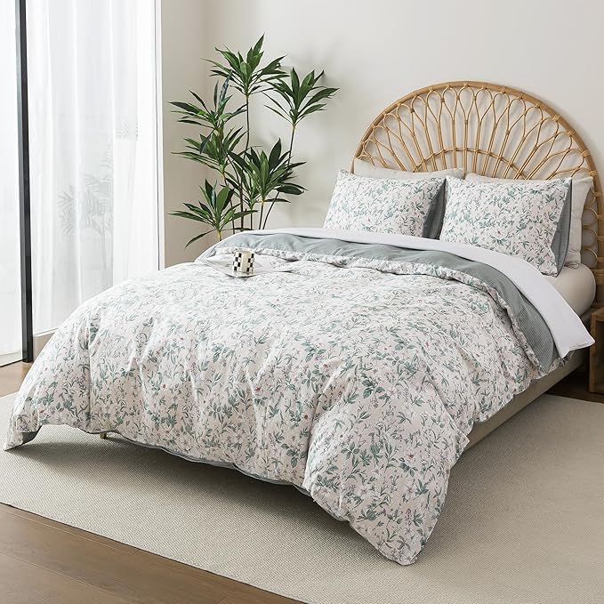 HoneiLife Floral Duvet Cover King - 100% Cotton Comforter Cover, Soft Botanical Bedlinen Set with Zipper Closure & Corner Ties,3-Piece Wildflower Comforter Cover Sets, Greenery